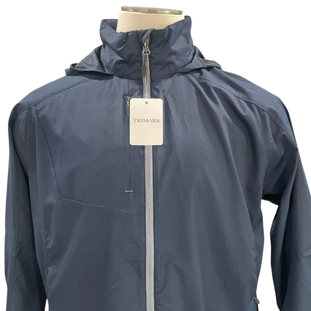 Trimark Mens Navy Lightweight‎ Windbreaker Jacket Hooded Outdoor Hiking Large